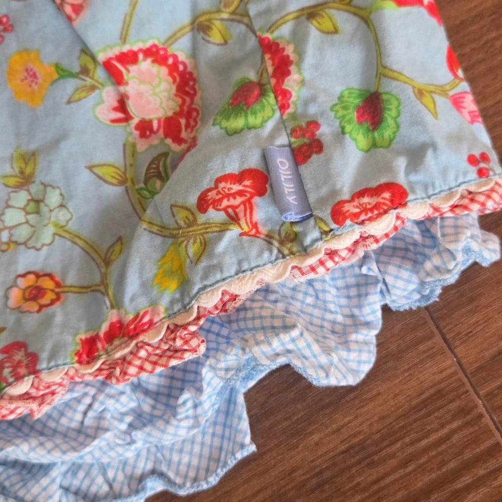 Oilily Girls Blue Floral Gingham Tiered Skirt Cotton Rick Rack Trim Size 7Y 122